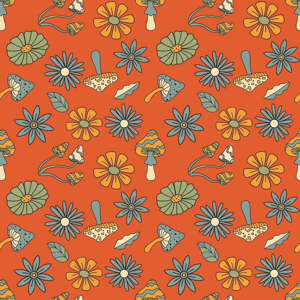 naadloze patroon met doodle stijl bloemen en paddestoelen. hippie afdrukconcept. vector