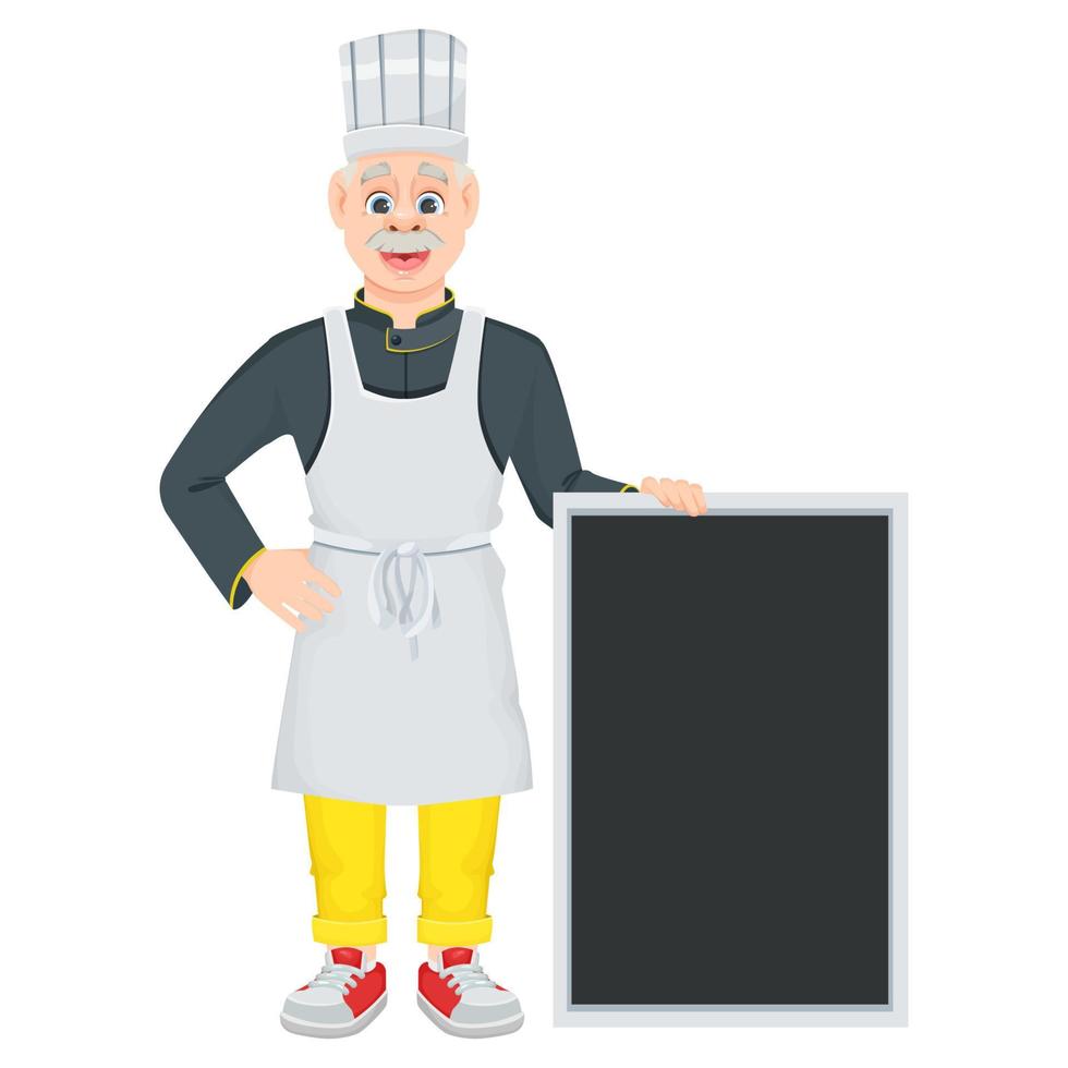 een cartoon vrolijke mannelijke chef-kok houdt een zwarte houten plank vast. lachende oude chef-kok, gemarkeerd op een witte achtergrond. vectorillustratie voor menu's, games of banners. vector