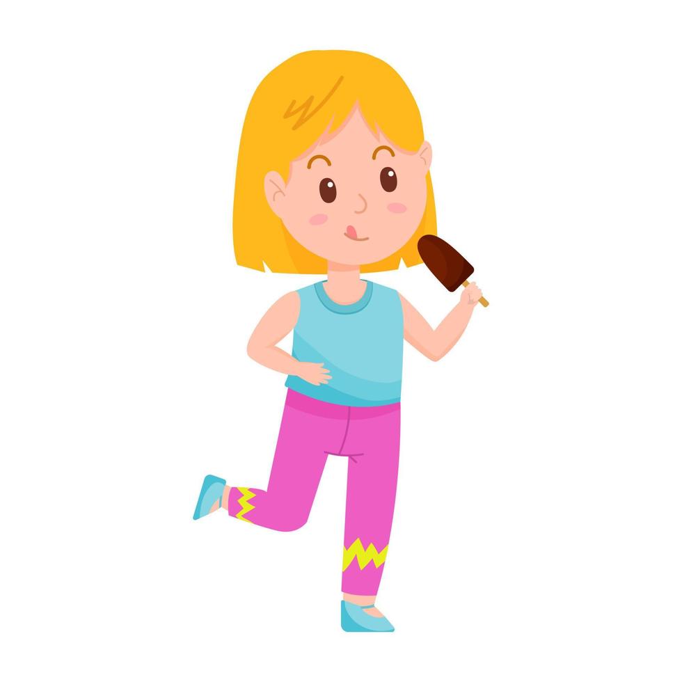 een cartoon schattig, vrolijk babymeisje met een chocolade-ijsje in haar handen. vectorillustratie voor wereldchocoladedag geïsoleerd op een witte achtergrond. vector