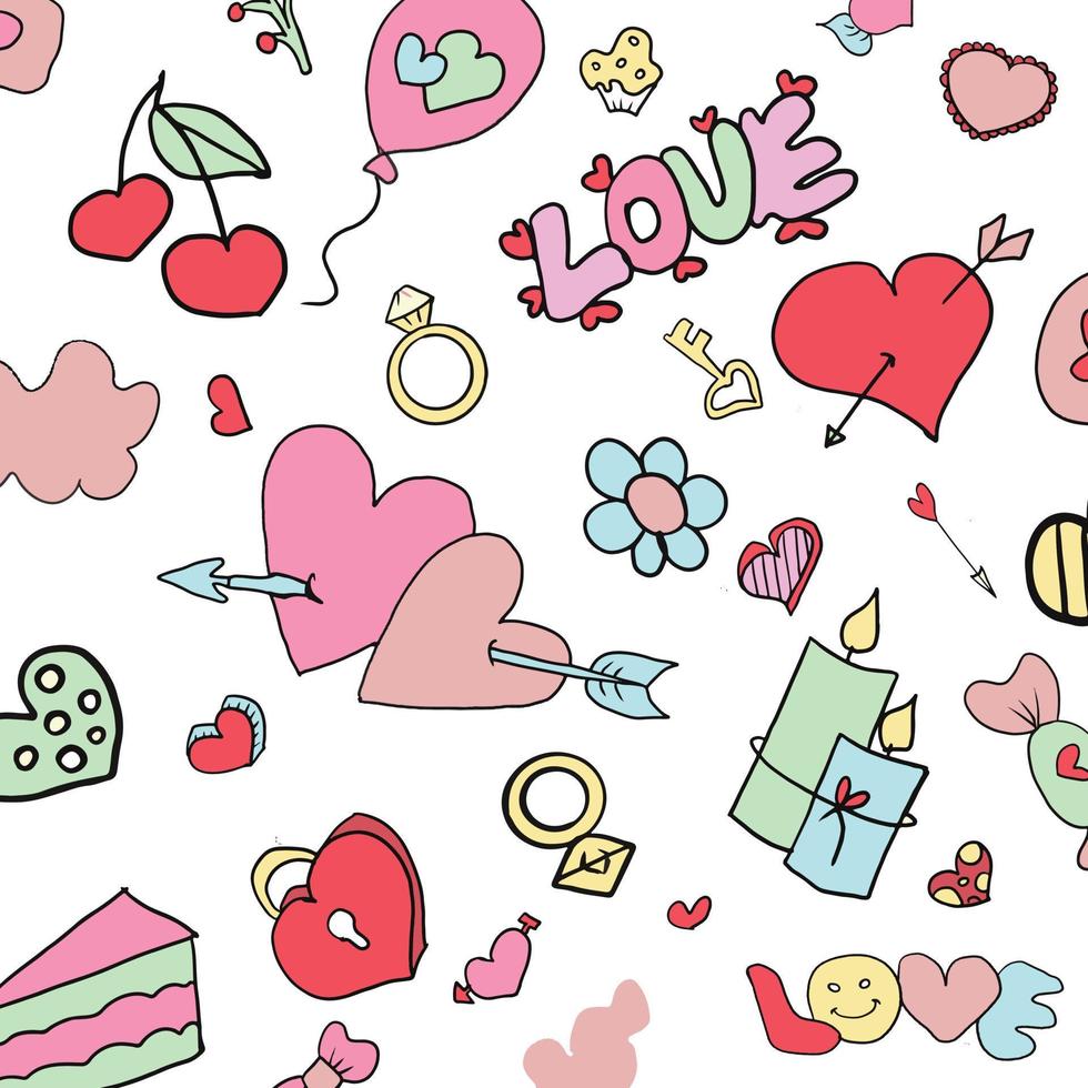 vector hart en liefde gestileerde achtergrond. naadloos roze patroon met veel harten, liefdestekst, roze bloem en letters. getekende elementen op een witte achtergrond