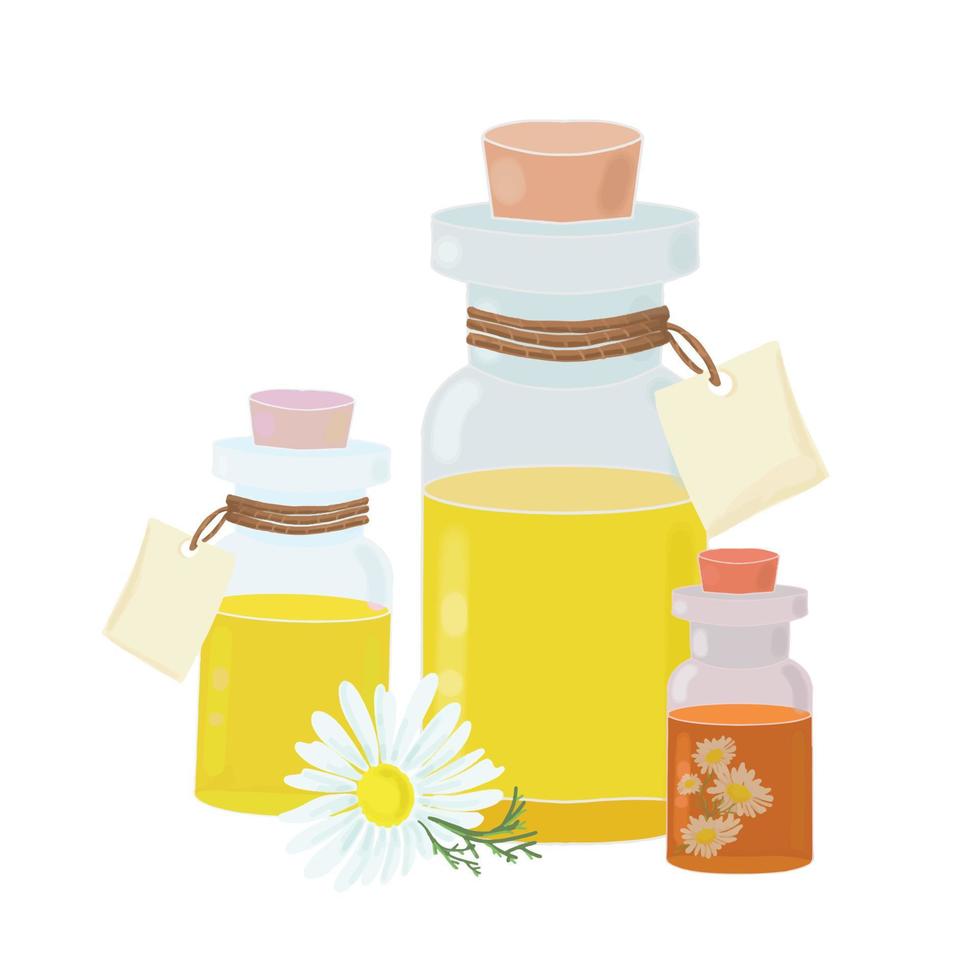 transparante flessen met etherische olie en kamille bloemen, cosmetische olie, aromatherapie, tinctuur, geneeskunde, apotheek, vector