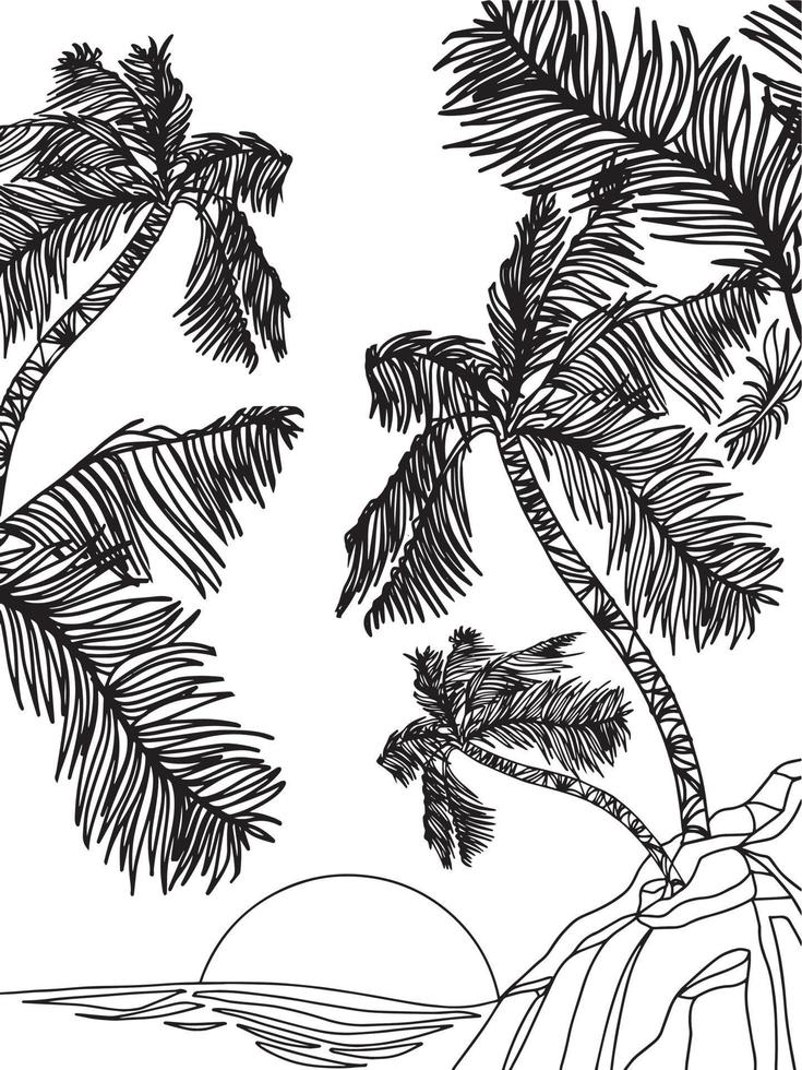 zonnig strand met palmbomen en oceaan, vakantie aan zee, reisillustratie kleurboek vector