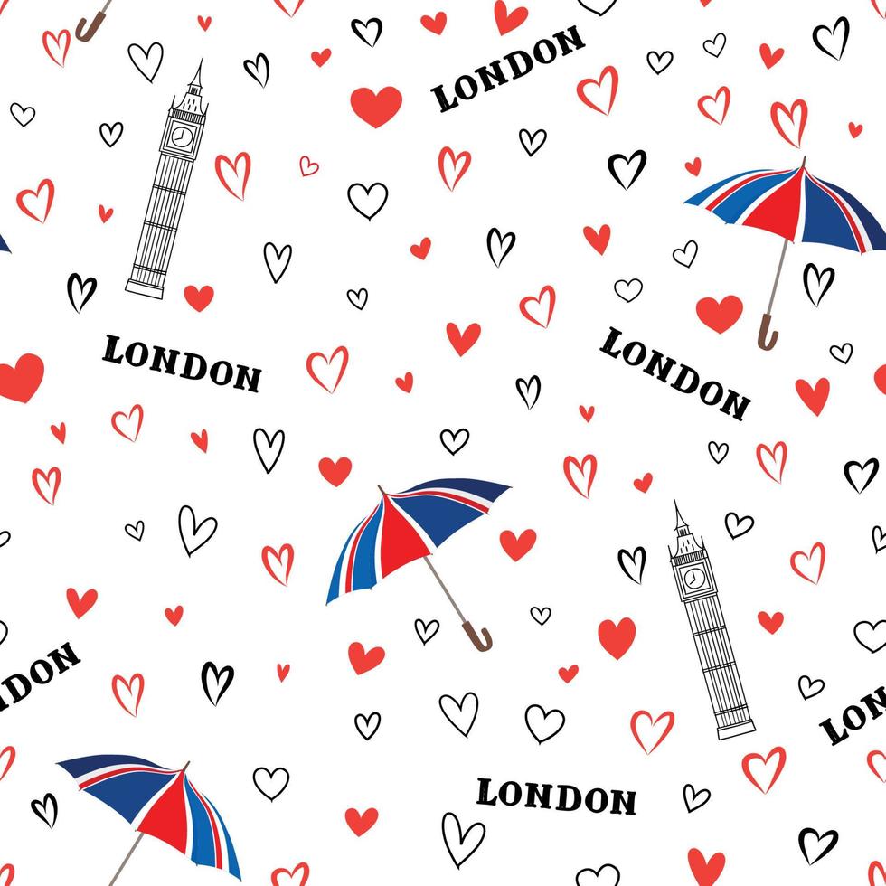 reizen Londen stad naadloze patroon met liefde harten en paraplu's. Brits oriëntatiepuntbehang. europese engeland vakantie achtergrond vector