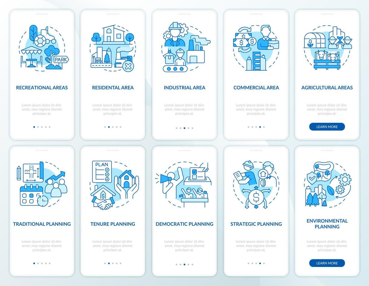 duurzaam landbeheer blauwe onboarding mobiele app-schermset. walkthrough 5 stappen grafische instructiepagina's met lineaire concepten. ui, ux, gui-sjabloon. vector