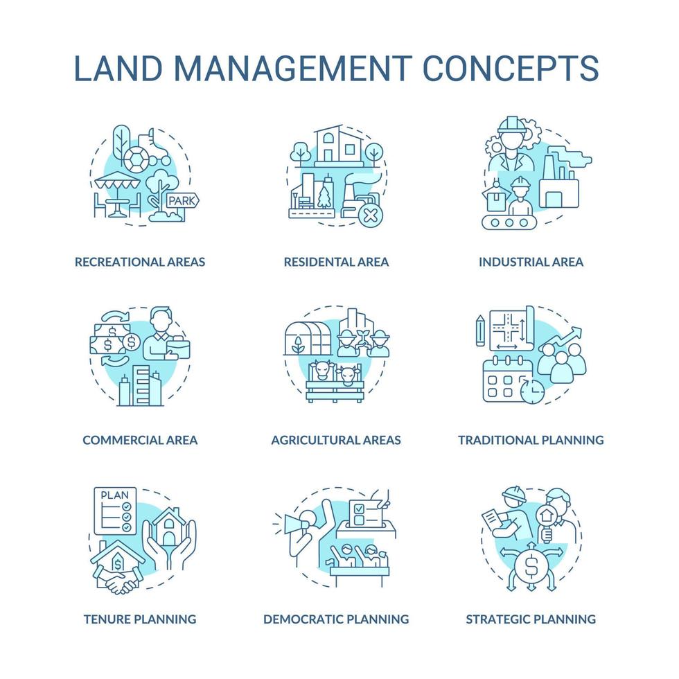 landbeheer turquoise concept pictogrammen instellen. democratisch planning idee dunne lijn kleurenillustraties. strategisch plan. geïsoleerde symbolen. bewerkbare streek. vector