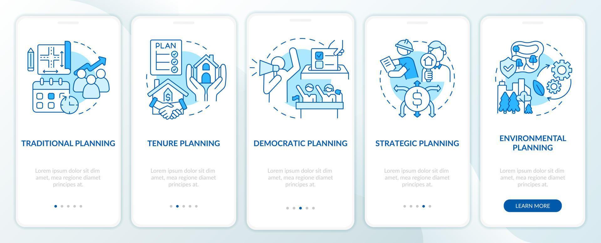 ruimtelijke ordeningsschema's blauw onboarding mobiel app-scherm. walkthrough 5 stappen grafische instructiepagina's met lineaire concepten. ui, ux, gui-sjabloon. vector