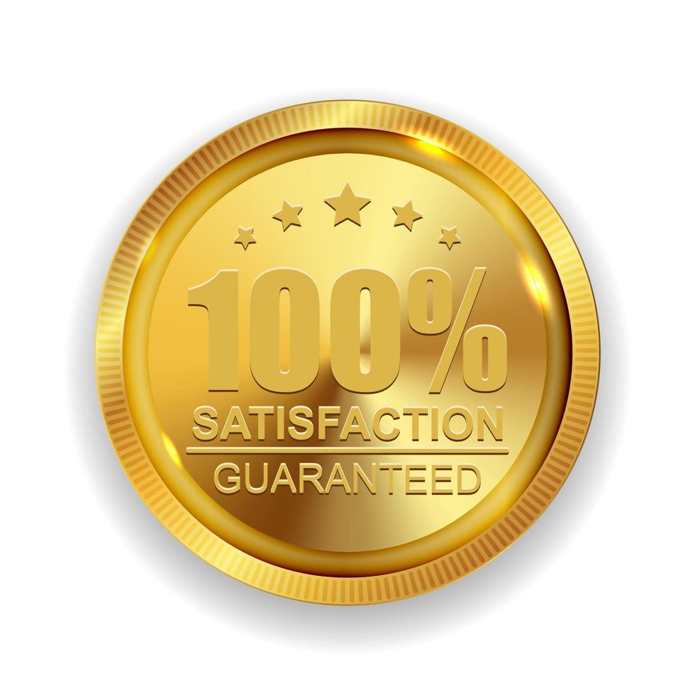 100 tevredenheid gegarandeerd gouden medaille label pictogram zegel teken geïsoleerd op een witte achtergrond. vector illustratie