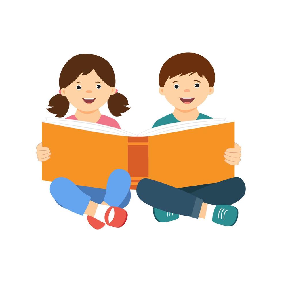 gelukkige schattige kinderen die een groot open boek houden en lezen. vector concept illustratie