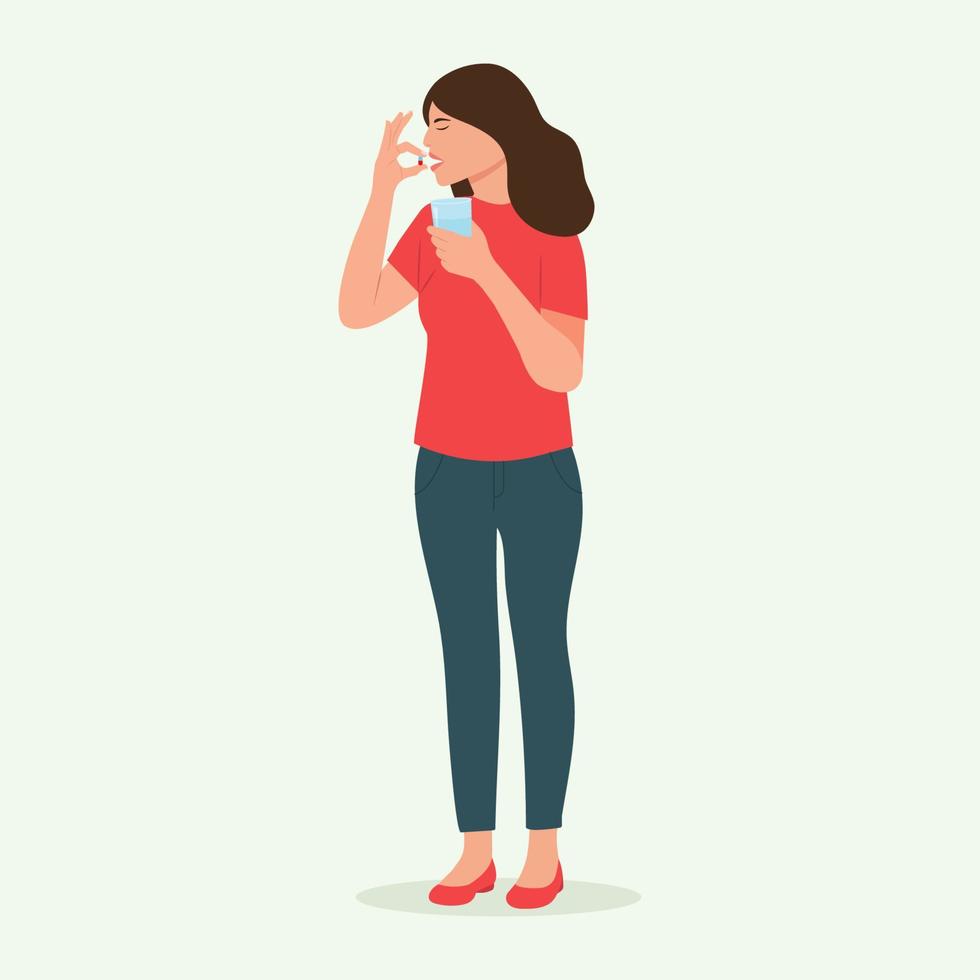 vrouw neemt een pil. vrouw houdt een pil in haar hand en is van plan deze in te nemen. meisje met glas water in hands.medication behandeling, apotheek en geneeskunde, concept. cector illustratie vector