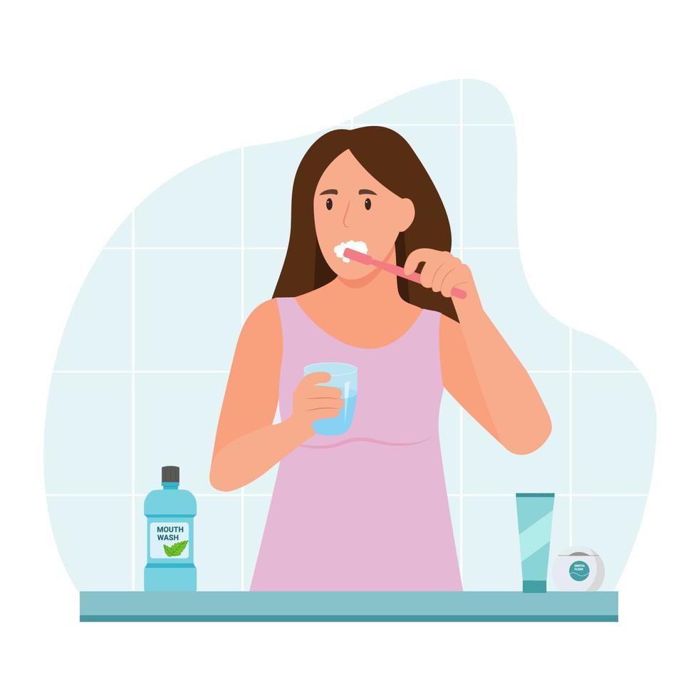 jonge vrouw tanden poetsen. tandheelkundig dagelijks leven concept. mondhygiëne en gezondheidszorg. vector illustratie