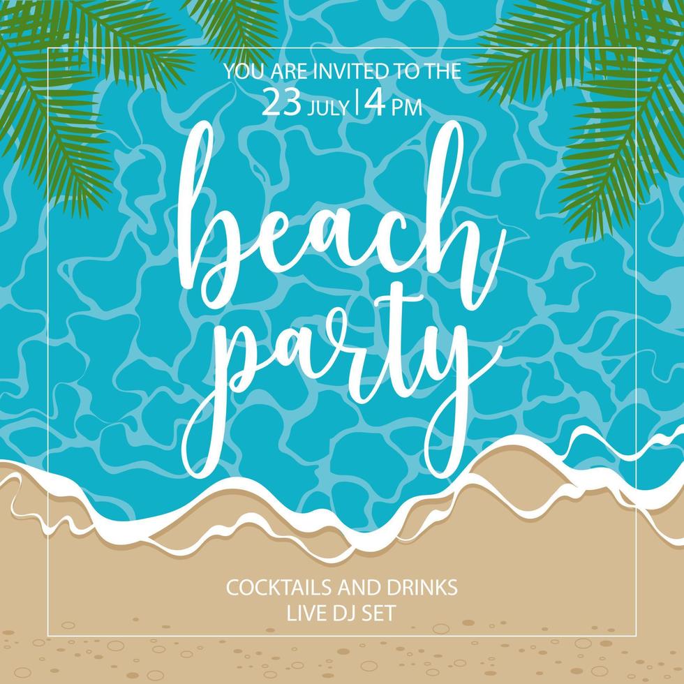 beach party banner of poster voor zomervakantie evenementen. promo broadsheet, folder of uitnodigingskaart sjabloonontwerp voor strandfeest met golven die rollen op de kust en tropische palmbladeren. vector