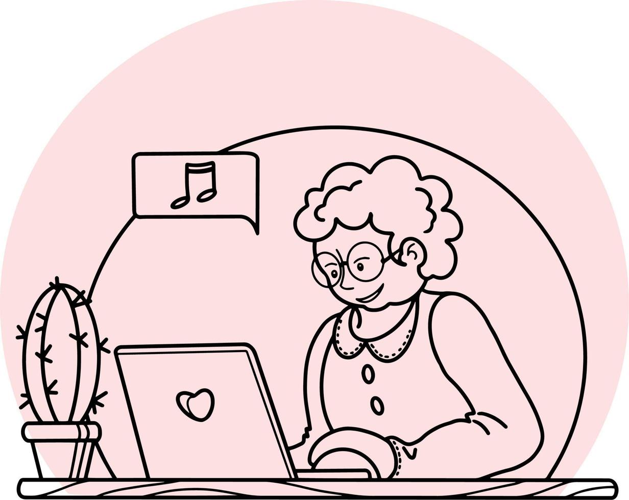 vectorillustratie. een gelukkige oma zit thuis op een computer, er staat een cactus op tafel vector