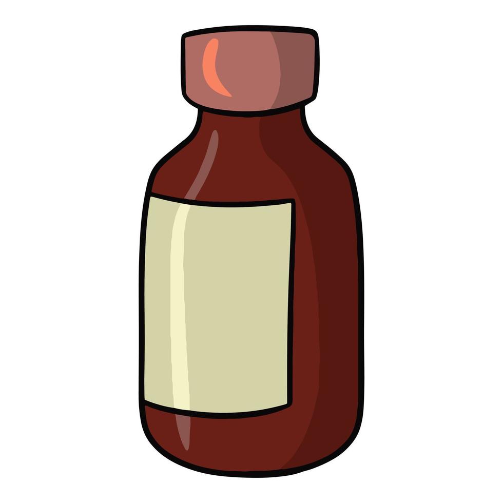 bruin glazen medicijnfles, glazen pot met label, cartoon-stijl vectorillustratie op witte achtergrond vector