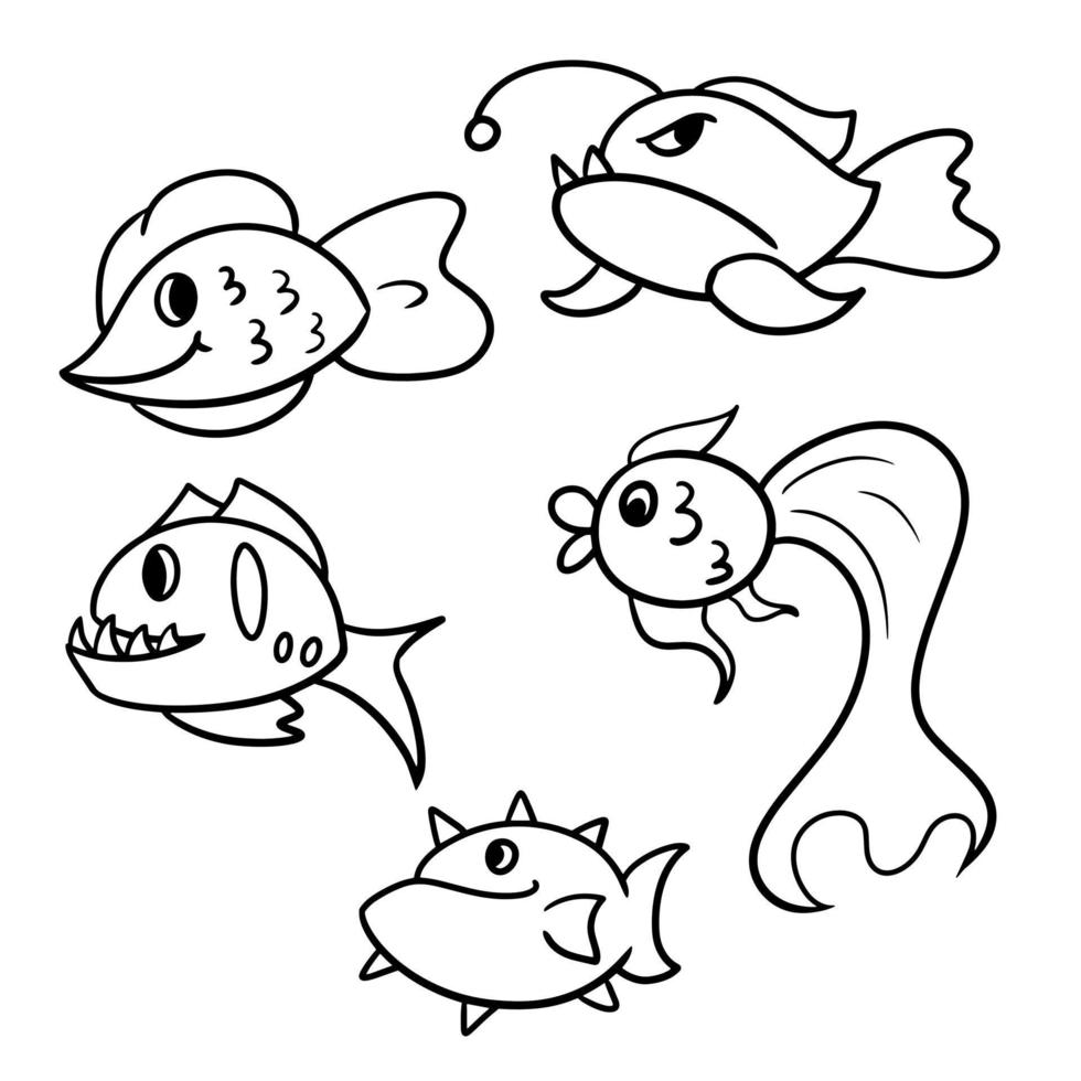 een set cartoon roofvissen uit het aquarium en de oceaan, exotische vissen, cartoonvissen. zwart-wit vectorillustratie, kleurboek. vector
