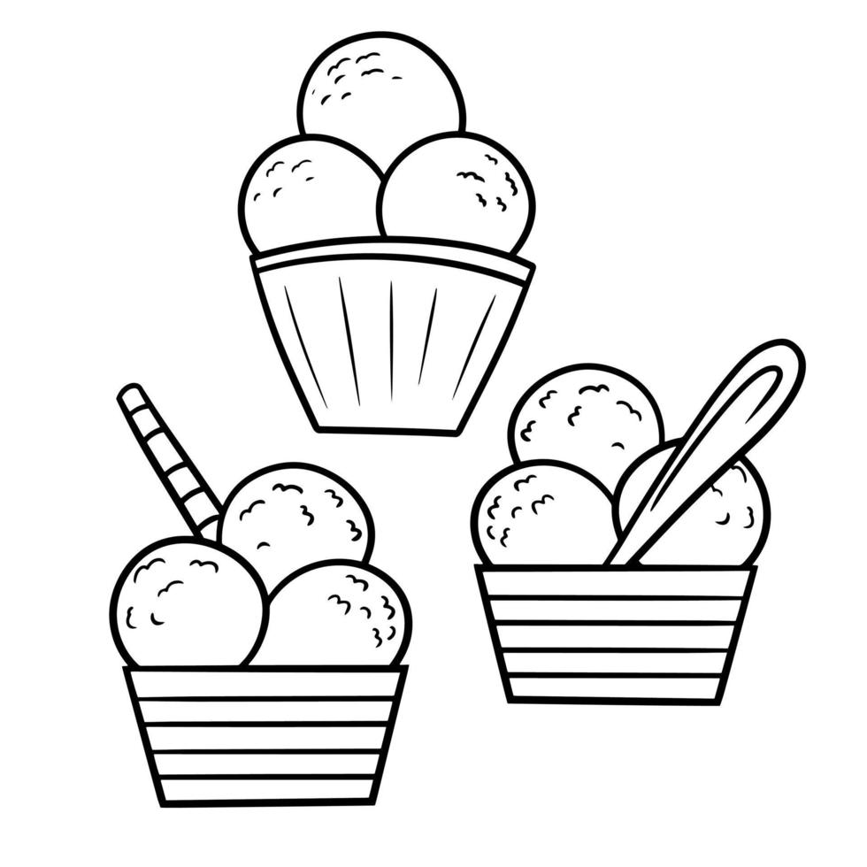 een set voor een kleurboek. zoet koud dessert in kopjes, vanille-ijs in een gestreept glas met een lepel van de suikerbuis, cartoon vectorillustratie vector