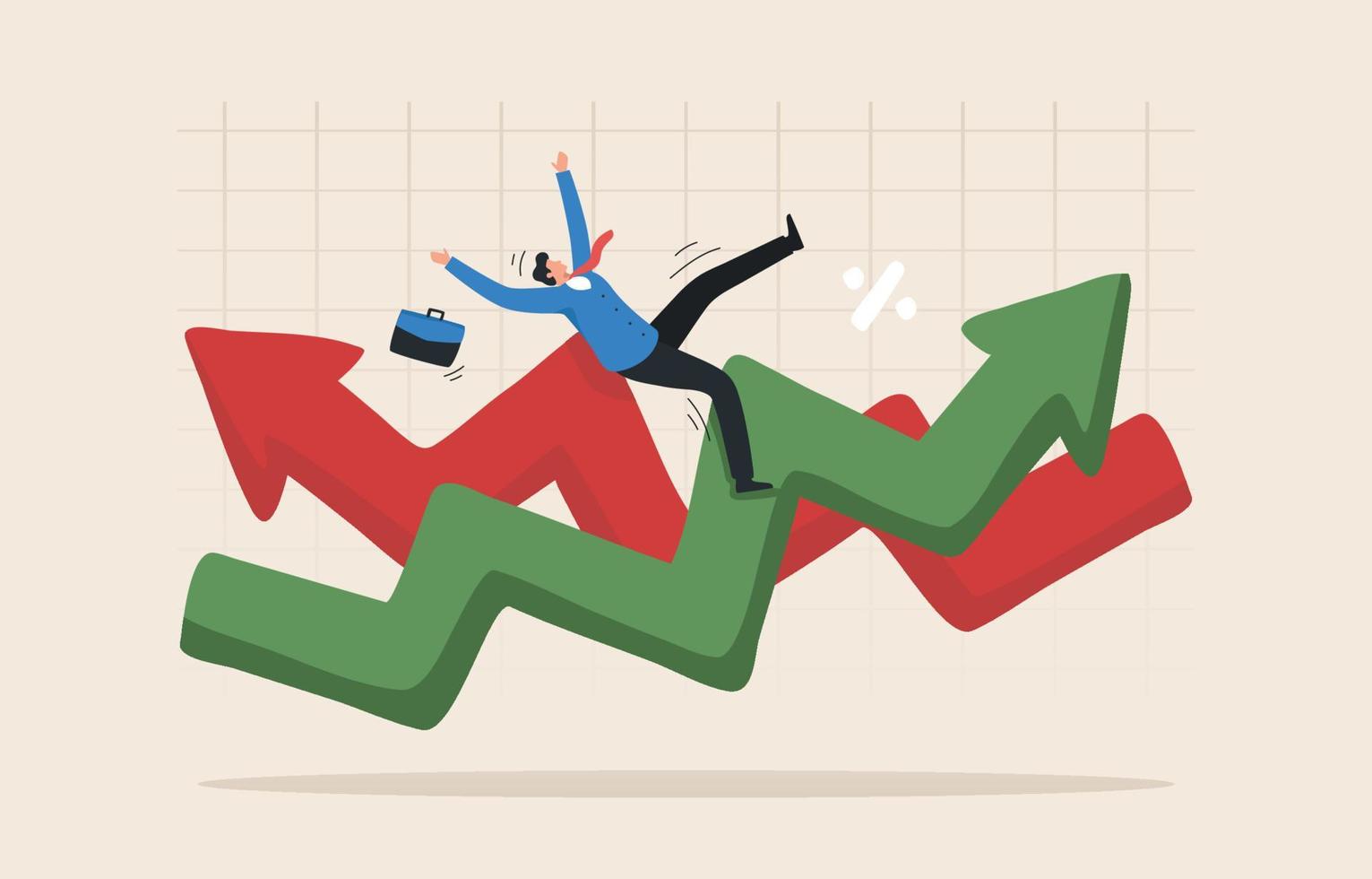 volatiliteit op de beurs. neerwaartse of opwaartse trend. verliescrisis, investeringsrisico. paniek in aandelen of cryptocurrency. beleggers worden geschaad door trendveranderende pijlgrafieken. vector