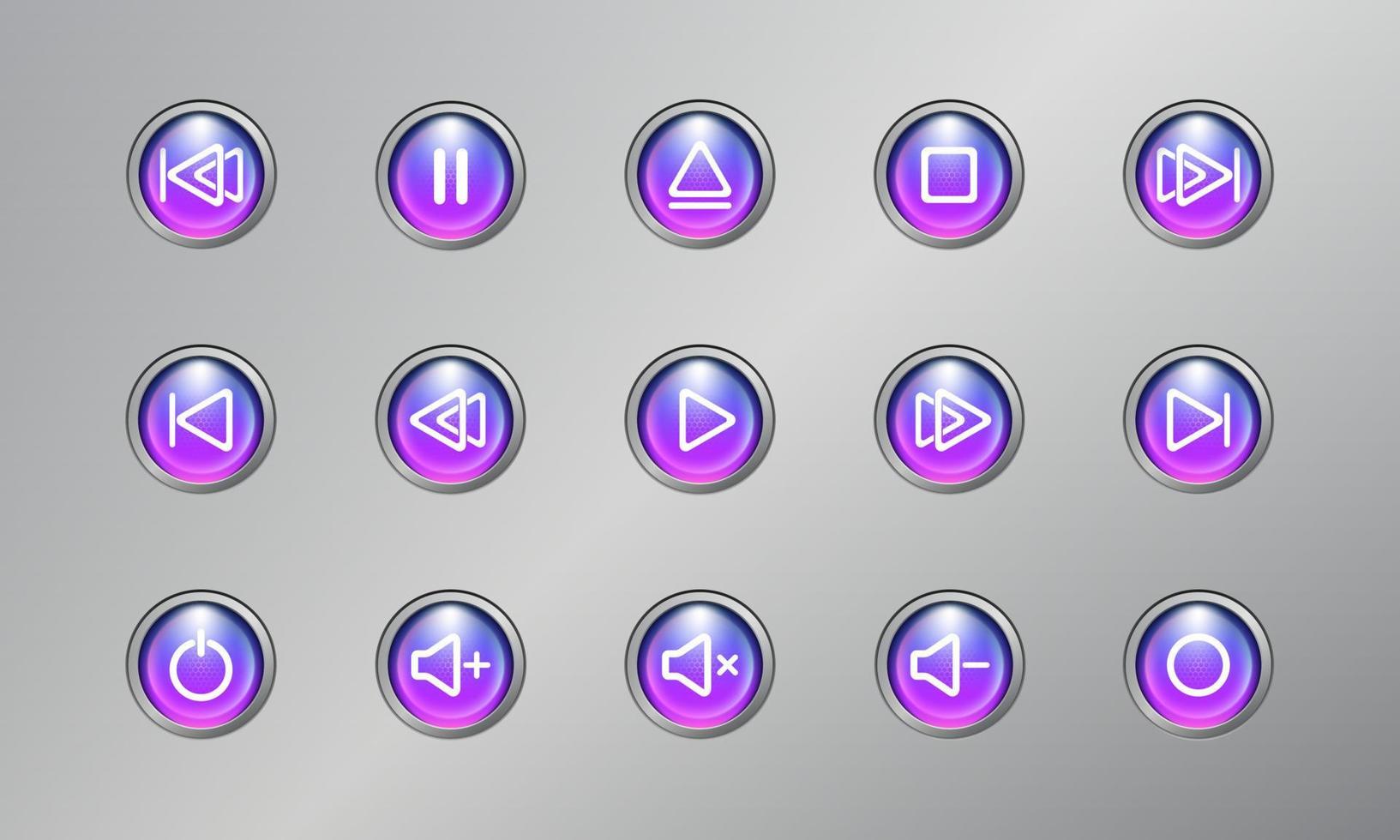 media player knop icon control set 3D-realistische moderne blauwe en paarse kleur met zilveren achtergrond vector