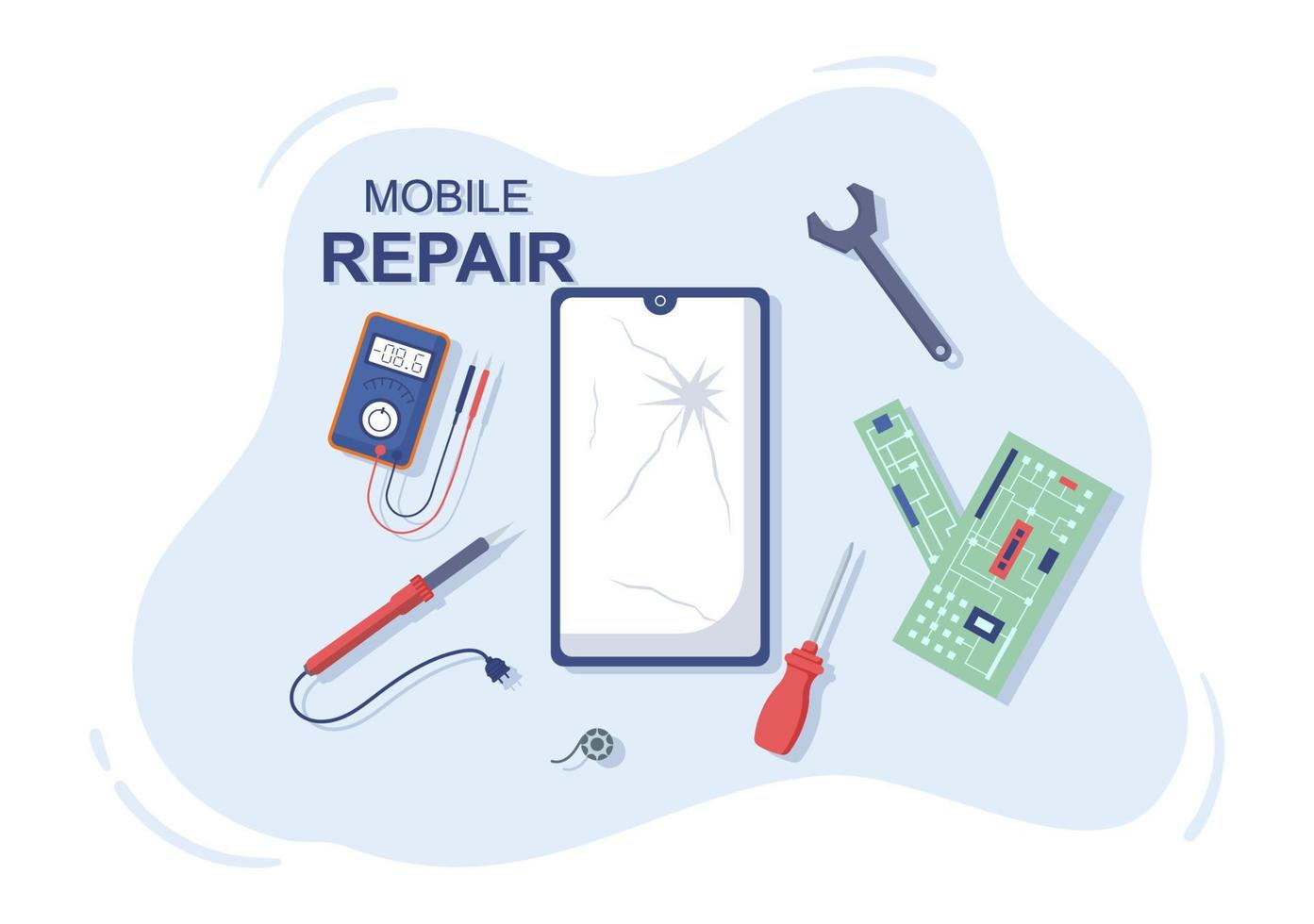 mobiele reparatie van een telefoon- of smartphone-elektronicaservice met gebroken scherm en machinestoring in platte cartoonillustratie vector