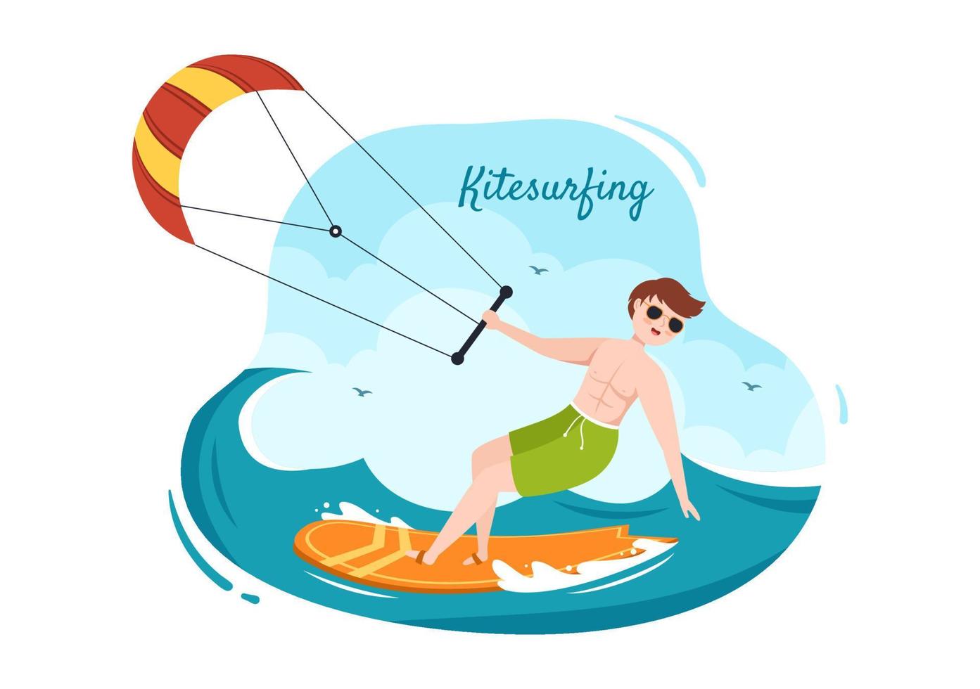 zomer kitesurfen van watersportactiviteiten cartoon afbeelding met een grote vlieger op een bord in vlakke stijl vector