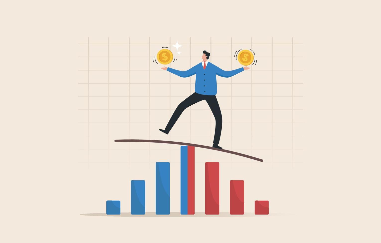 risicomanagement. verklein de kans op fouten investeringsschade die kan optreden onder onzekere omstandigheden van de aandelenmarkt. Een zakenman probeert zijn kapitaal in evenwicht te brengen op de aandelenmarkt. vector