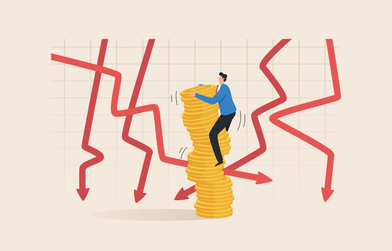 financiële en investeringscrisis. beurscrash. bescherming van investeringen in marktstagnatie. beleggers proberen hun geld op de aandelenmarkt te beschermen tegen verliezen. vector