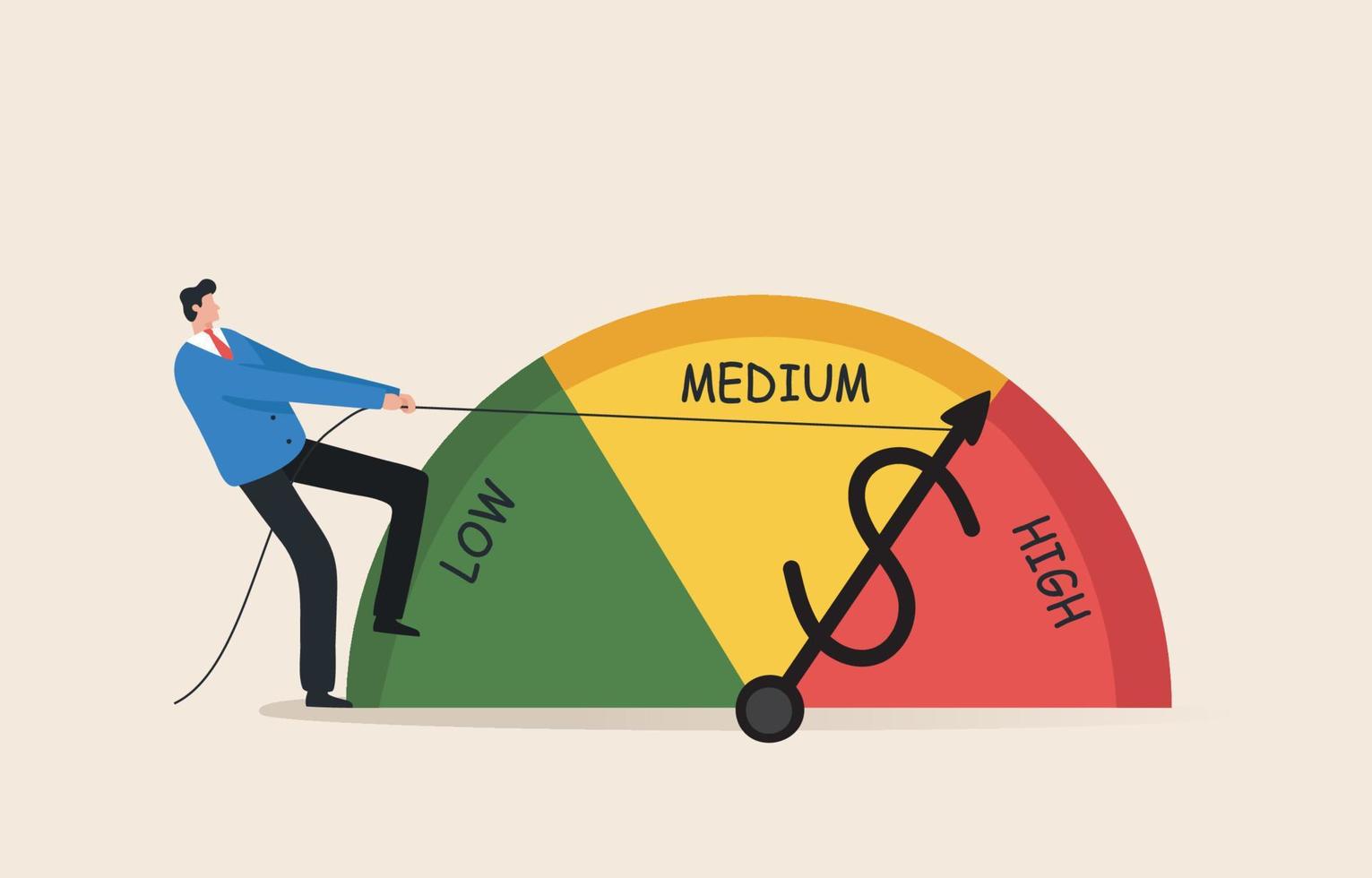 risicomanagement meter. voorraad, financiën, economie, inflatie, investeringen, financieel of zakelijk risicobeheer. zakenman touw trekken om het risico te verminderen. vector