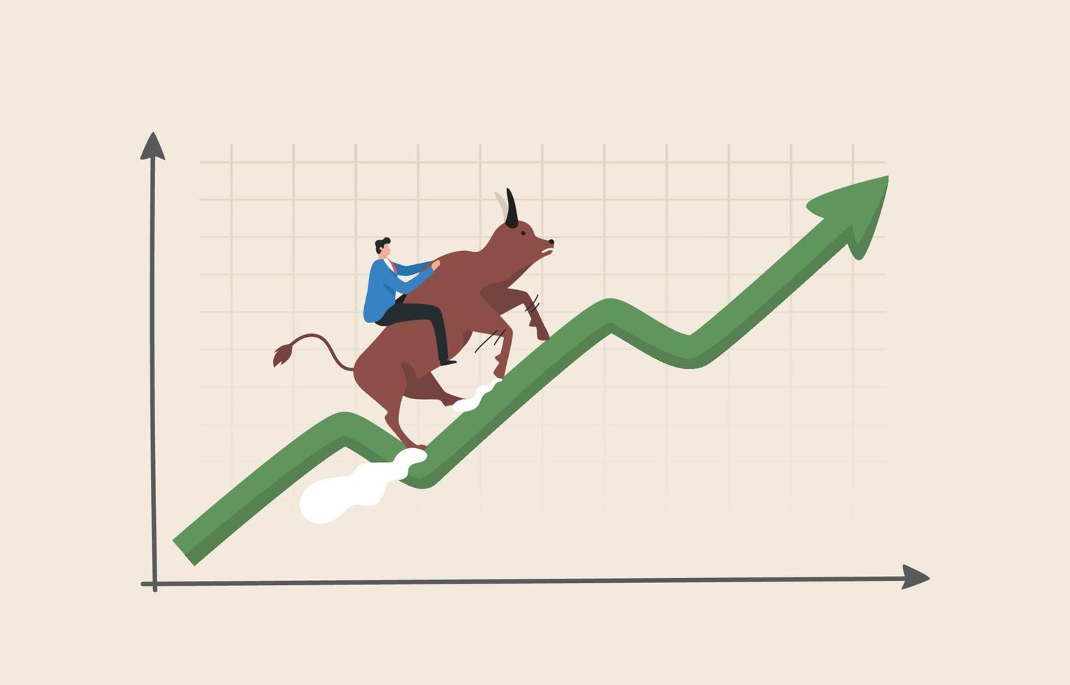 bull market of bull run verwijst naar het moment waarop de meeste beleggers kopen. meer vraag dan aanbod, het marktsentiment is hoog en de prijzen stijgen. bullish investeerders lopen op de opwaartse pijlgrafiek. vector