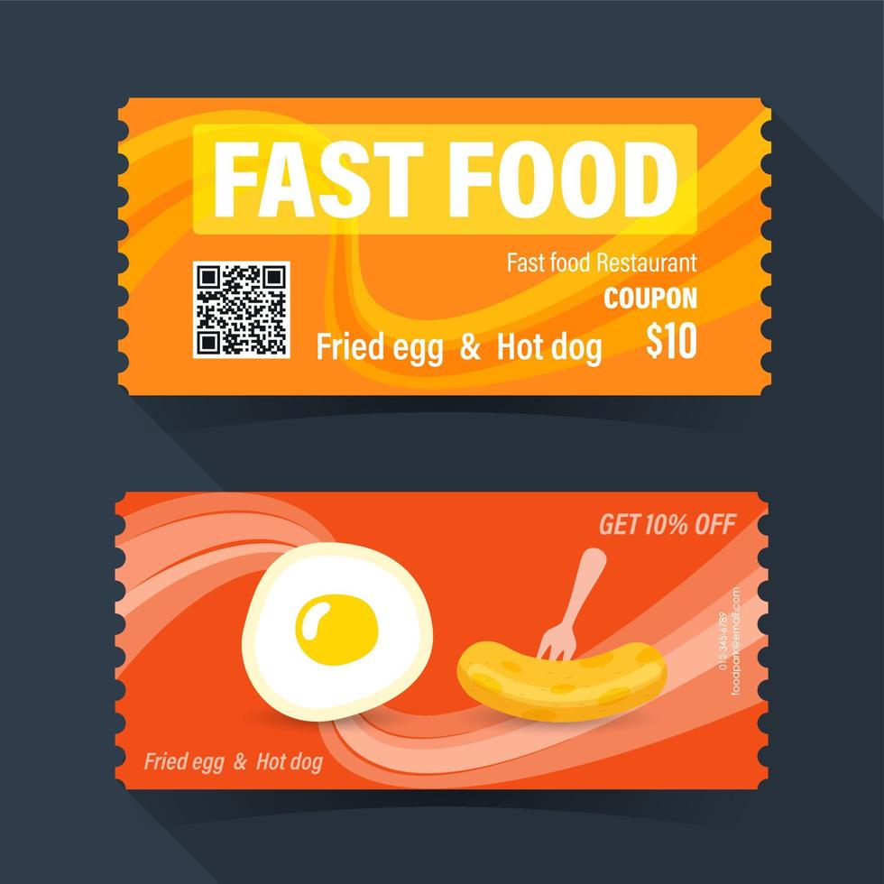 fastfood coupon ticket kaart. gebakken ei en hotdog element sjabloon voor grafisch ontwerp. vector illustratie