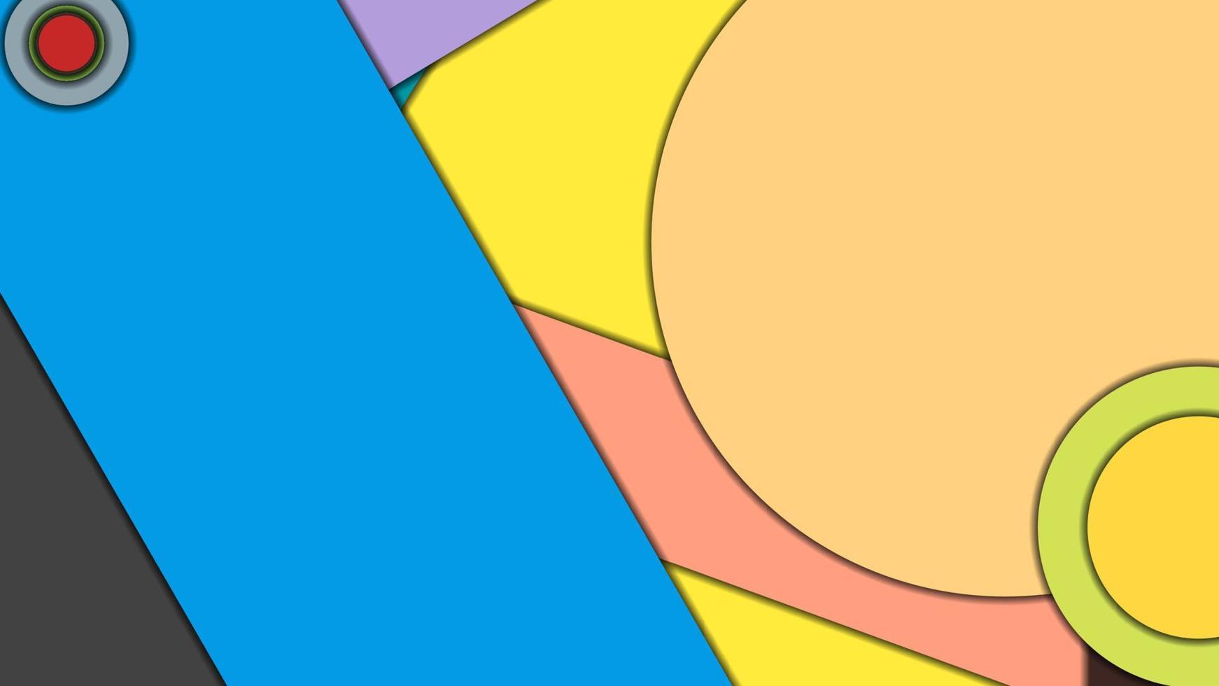 abstracte geometrische kleurrijke vectorachtergrond in materiaalontwerpstijl met concentrische cirkels en gedraaide rechthoeken met schaduwen, die gesneden papier imiteren. vector