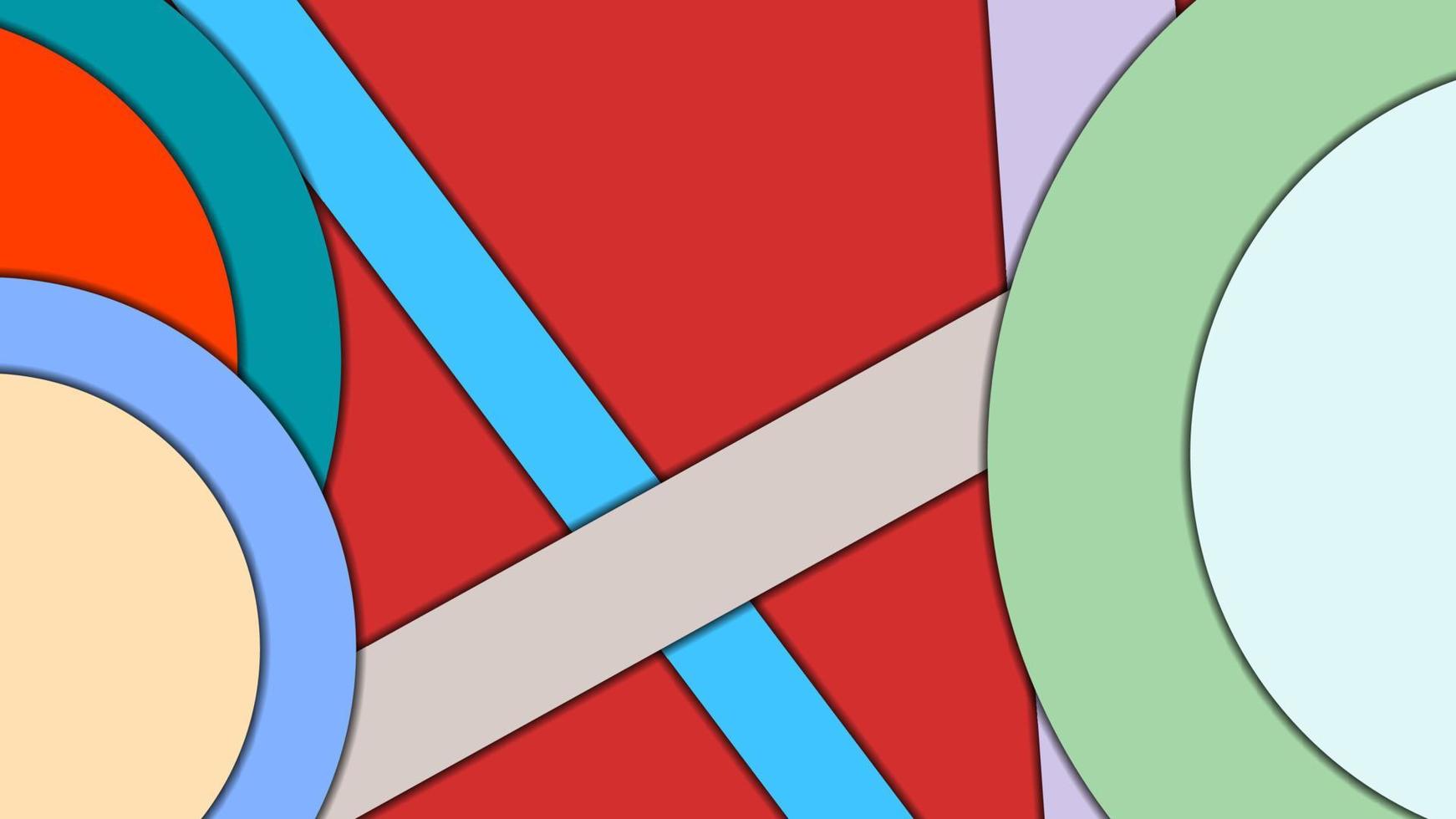 abstracte geometrische kleurrijke vectorachtergrond in materiaalontwerpstijl met concentrische cirkels en gedraaide rechthoeken met schaduwen, die gesneden papier imiteren. vector