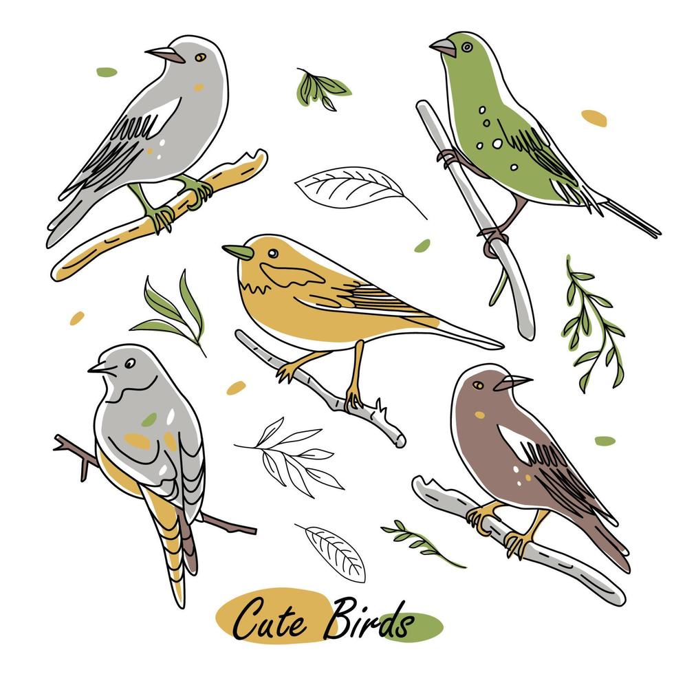 vogels natuur dieren illustratie. verzameling schattige handgetekende vogelkrabbels. lijnstijl in minimalisme op wit. vector afbeelding