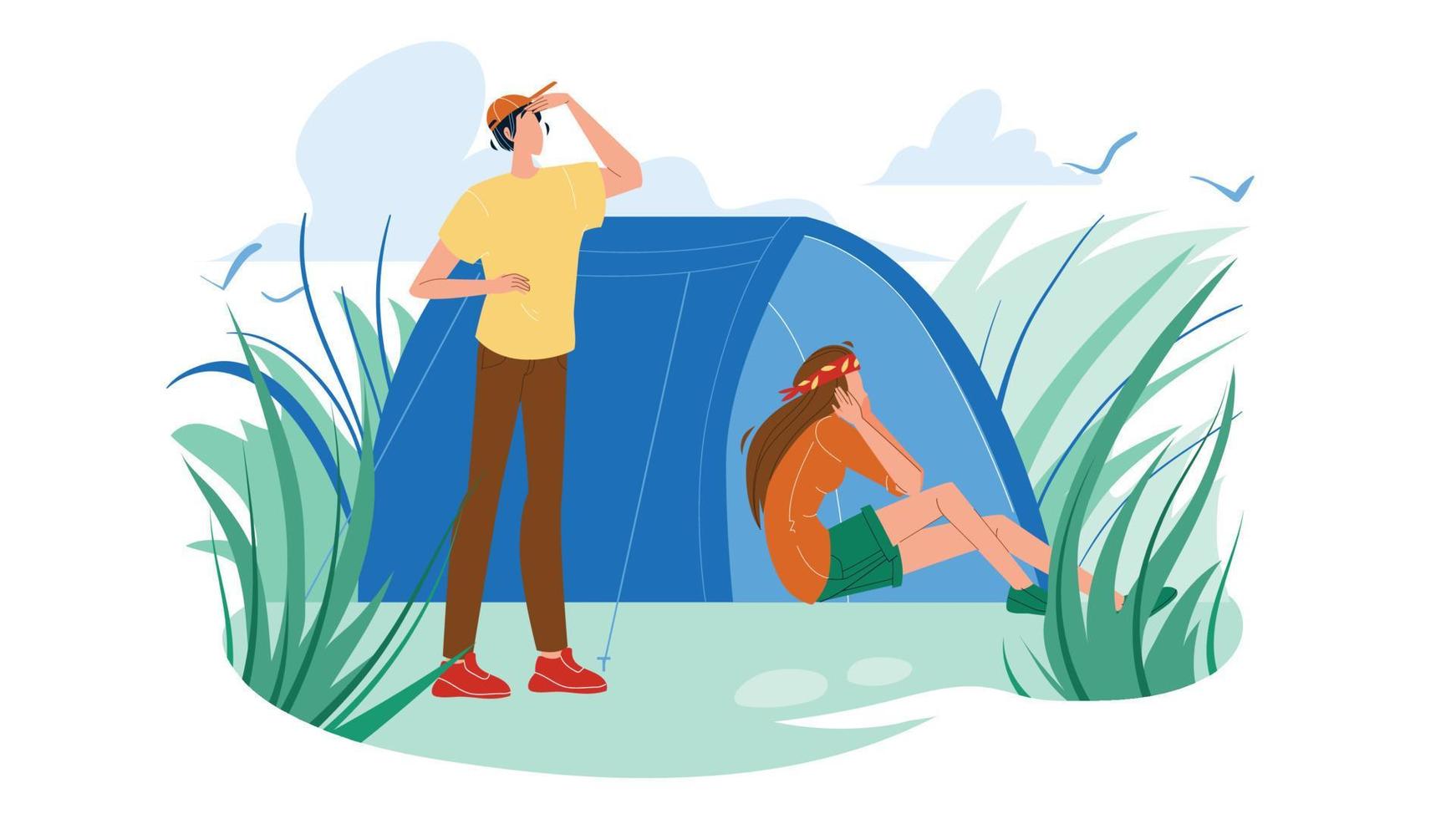 camping tent en toeristen man en vrouw vector