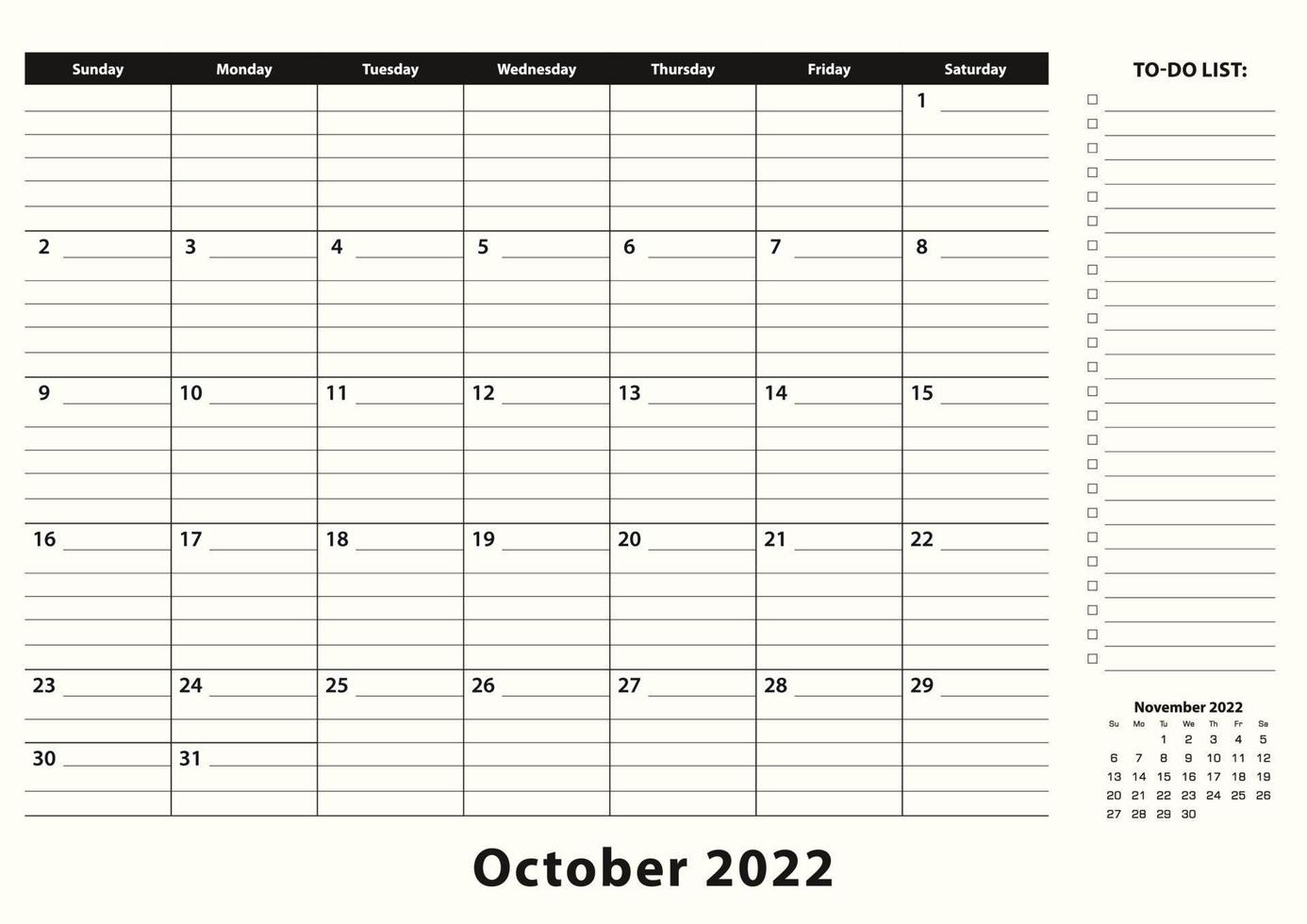 oktober 2022 maandelijkse zakelijke bureaukalender. vector