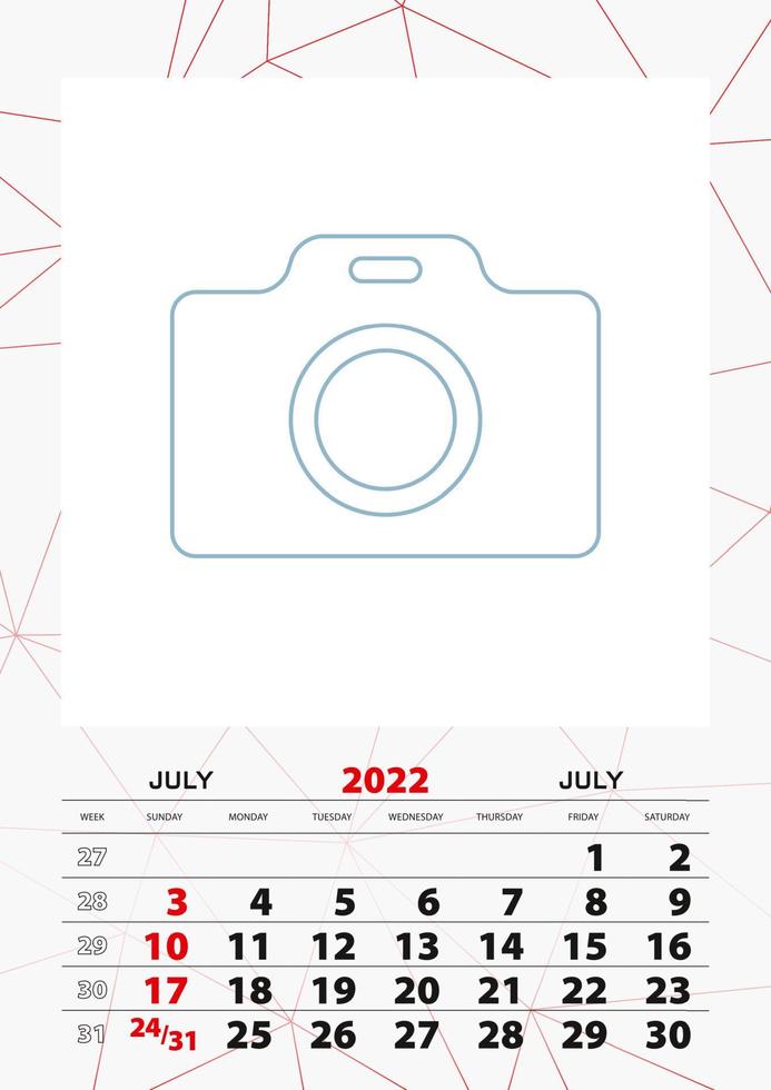 wandkalender planner sjabloon voor juli 2022, week begint op zondag. vector