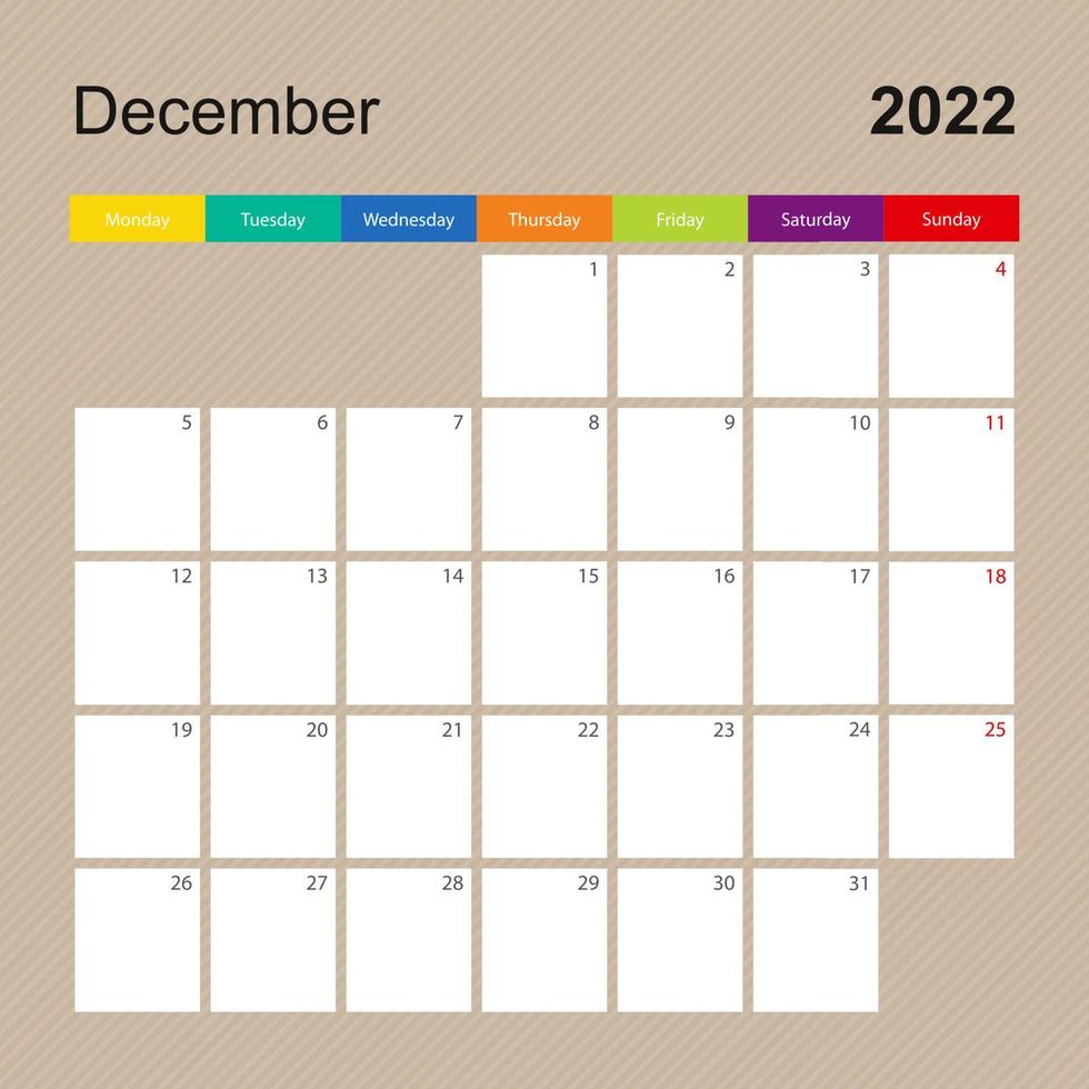 kalenderpagina voor december 2022, wandplanner met kleurrijk design. week begint op maandag. vector