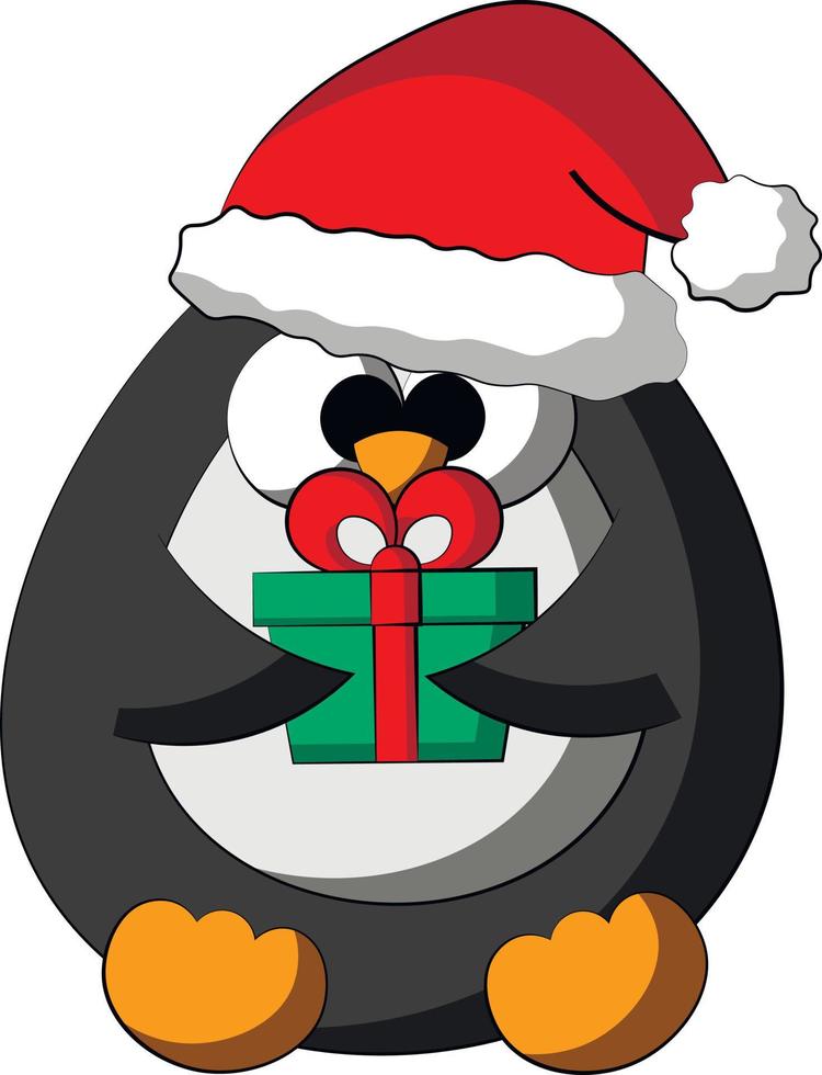 schattige cartoon pinguïn in kerstmuts met geschenkdoos. illustratie in kleur tekenen vector