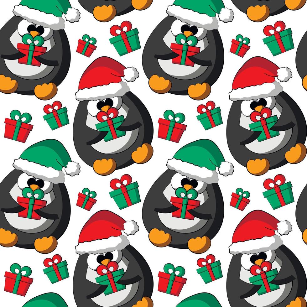 naadloze vector patroon met schattige cartoon pinguïn in kerstmuts met geschenkdoos