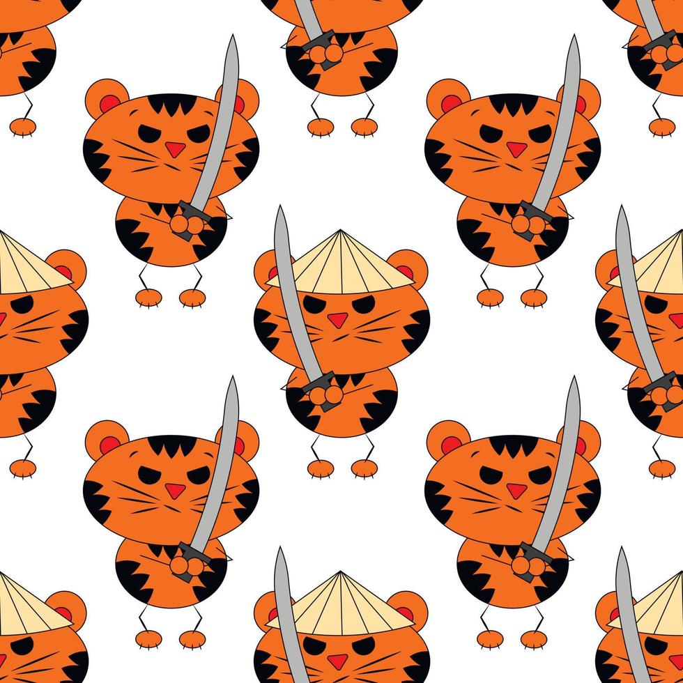 naadloze vector patroon met schattige cartoon tijger samoerai