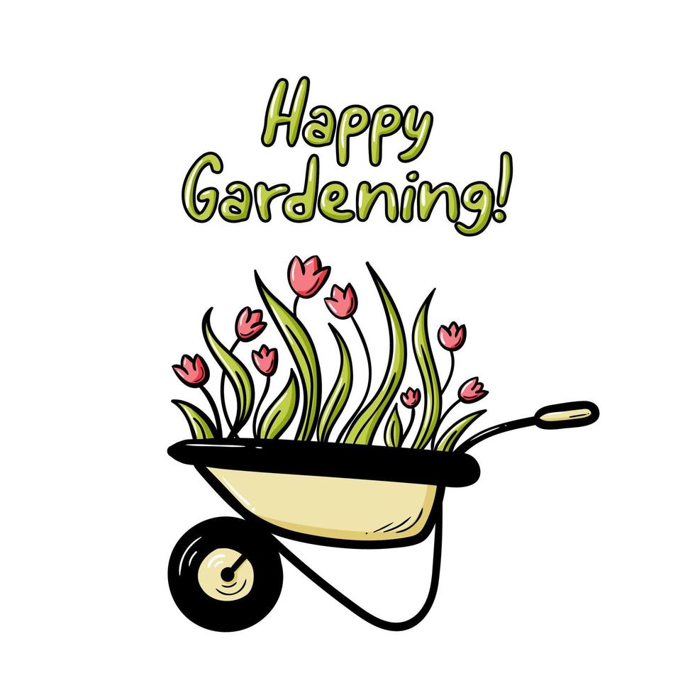 lentekaart met gelukkig tuinieren belettering citaat. doodle tulpen bloemen in een kruiwagen geïsoleerde vectorillustratie. leuke schets voor het logo van de tuinwinkel, typografieposter. vector