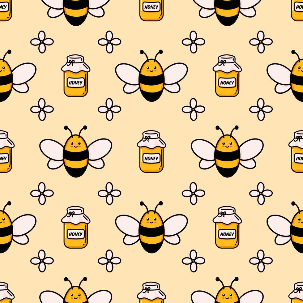 schattig honingbij naadloos patroon. vector doodle cartoon bijenkorf, bloemen en honingraten illustratie digitaal papier geïsoleerd op een witte achtergrond voor kinderen stof prints