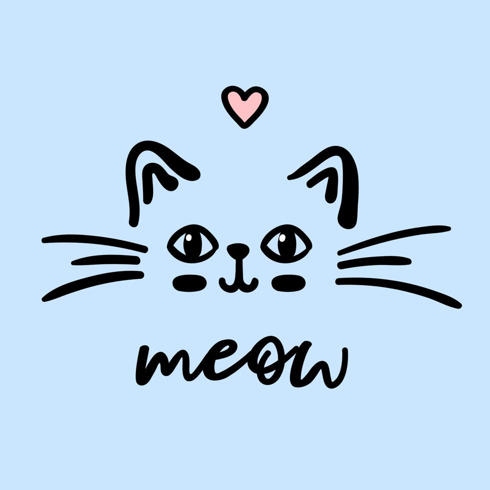 kat schattig gezicht miauw vectorillustratie doodle geïsoleerd op blauwe achtergrond met belettering miauw. kinderen baby kwekerij poster. vector