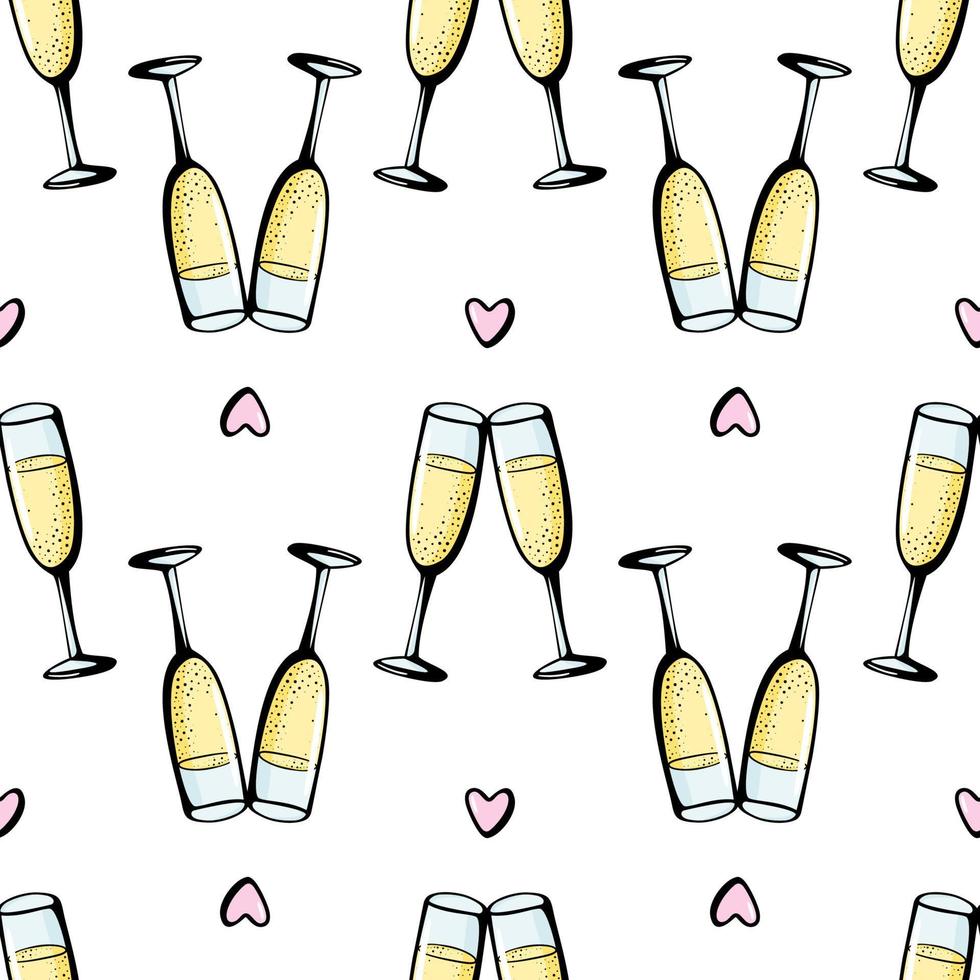 glazen champagne naadloze doodle patroon. proost vectorillustratie op witte achtergrond. Valentijnsdag wenskaart, jubileumviering poster vector