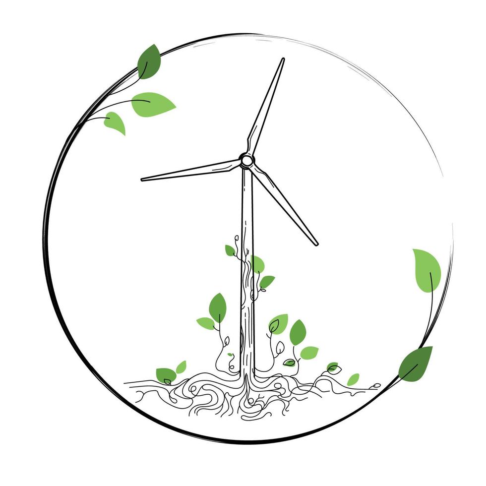 windturbine vector icon.line kunst stijl ontwerp. logo, embleem van een windmolen in de vorm van een boom die groeit uit de grond vectorillustratie op een witte background.alternative schone energieconcept