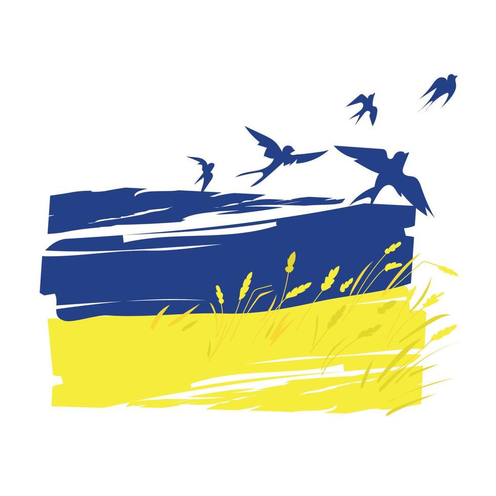 Oekraïense vlag met vliegende vogels zwaluwen en tarweveld abstracte kunst vectorillustratie geïsoleerd op witte background.ukrainian landschap in blauwe en gele kleuren, mooie patriottische ontwerpelement vector