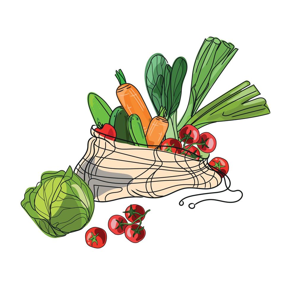 katoenen mesh tas met verse kleurrijke groenten cartoon vectorillustratie geïsoleerd op een witte achtergrond. eco-vriendelijk winkelen en een gezonde levensstijl concept.zero waste concept.fresh food drawing vector