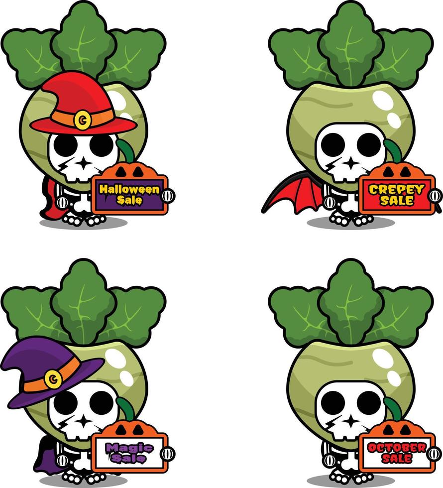 halloween pompoen partij ontwerp verkoop bord, plantaardige schedel kostuum vectorillustratie vector