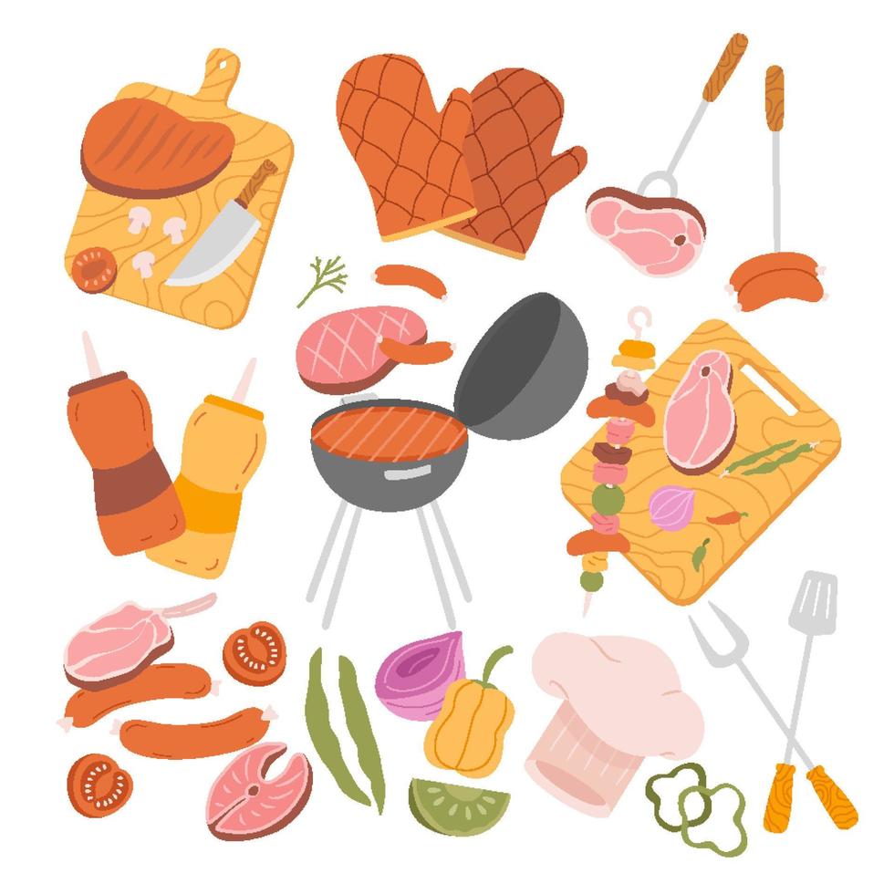 barbecue-elementen instellen platte vectorillustratie. verzameling barbecueapparatuur voor het koken van bbq - grill, spies, worstjes, vis, kruiden, kip en vlees geïsoleerd op wit vector