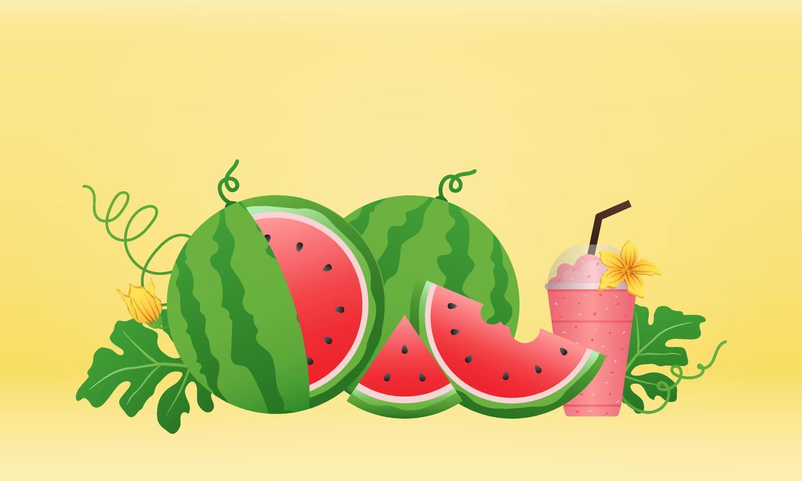 watermeloen en sappige plakjes vector, plat ontwerp van groene bladeren en bloem en watermeloen sap illustratie, vers en sappig fruit concept van zomervoedsel. vector