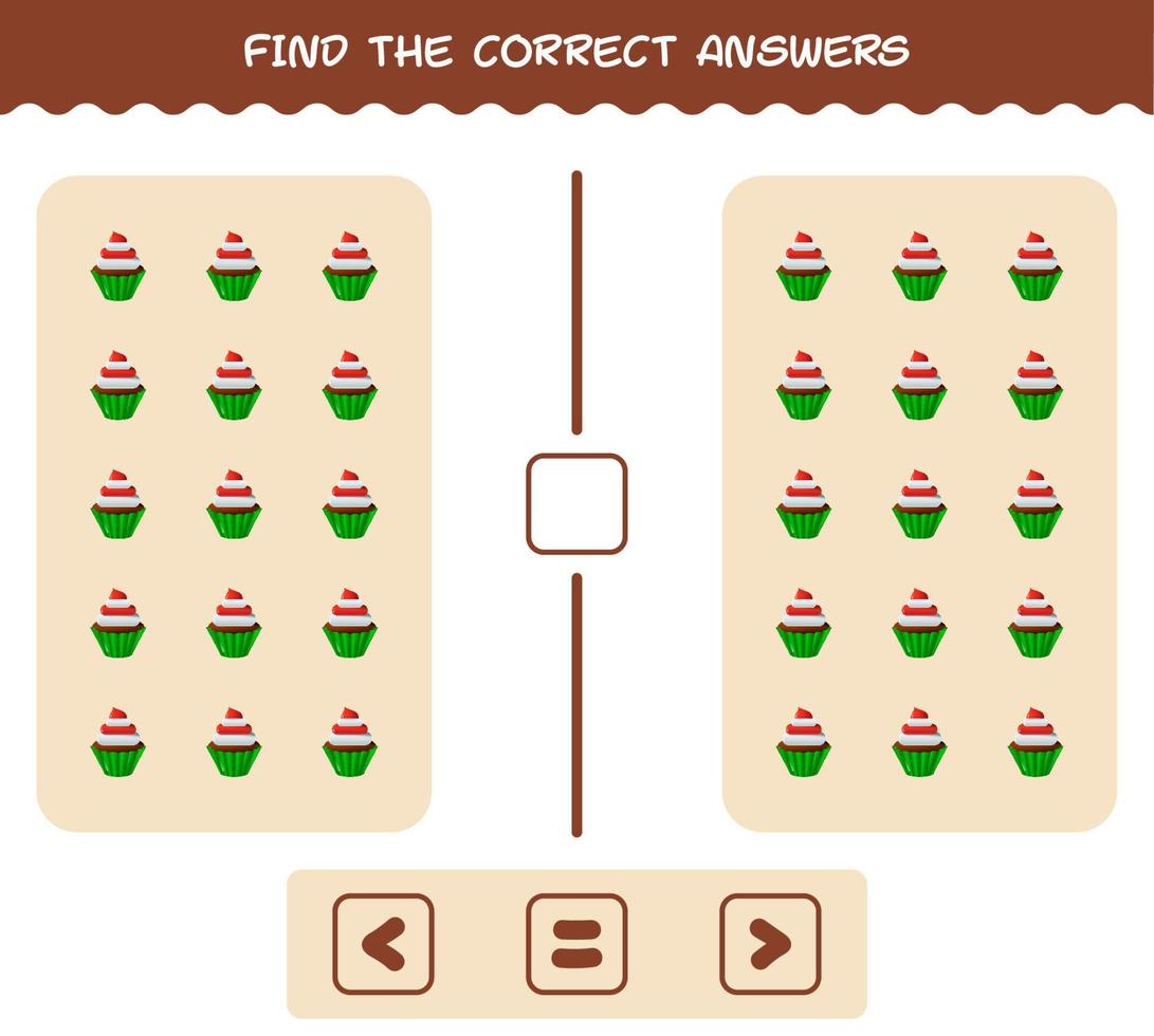 vind de juiste antwoorden van cartoon cupcake. zoek- en telspel. educatief spel voor kleuters en peuters vector