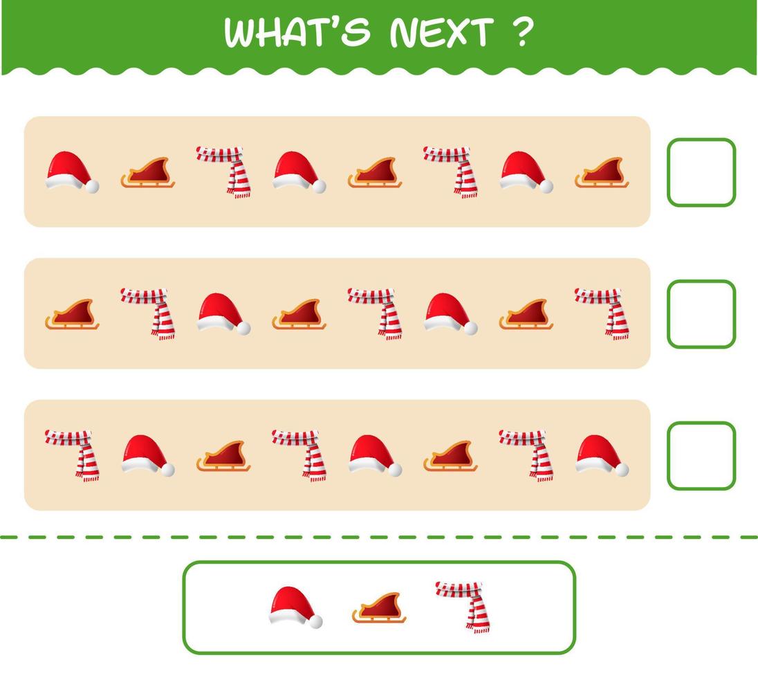 wat komt er daarna educatief spel van cartoonkerstmis. vind de regelmaat en ga verder met de rijtaak. educatief spel voor kleuters en peuters vector